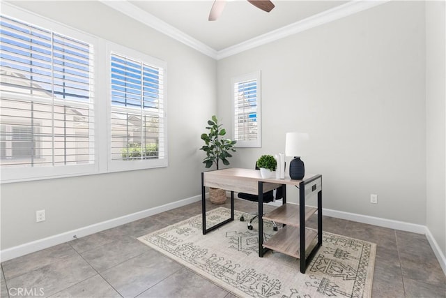 147 Luneta Ln, Rancho Mission Viejo, CA 92694 - office area with ornamental molding, baseboards, ceiling fan, and tile patterned flooring