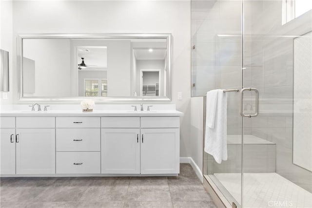 147 Luneta Ln, Rancho Mission Viejo, CA 92694 - full bath featuring double vanity, ceiling fan, and a stall shower