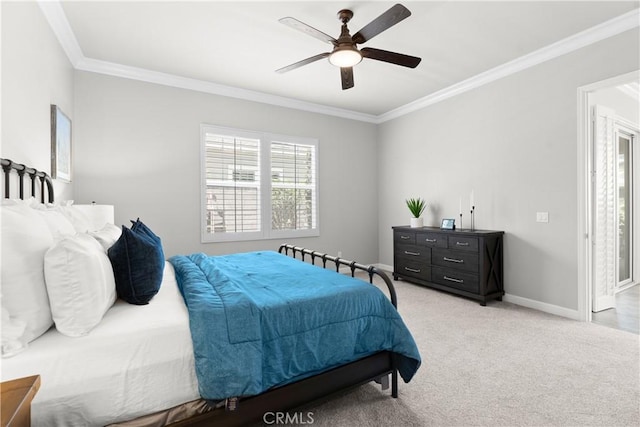 147 Luneta Ln, Rancho Mission Viejo, CA 92694 - bedroom featuring crown molding, baseboards, light colored carpet, and ceiling fan
