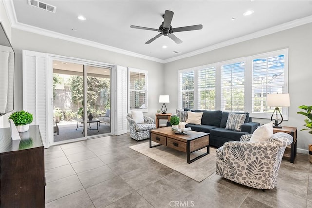 147 Luneta Ln, Rancho Mission Viejo, CA 92694 - tiled living area with ceiling fan, crown molding, and recessed lighting