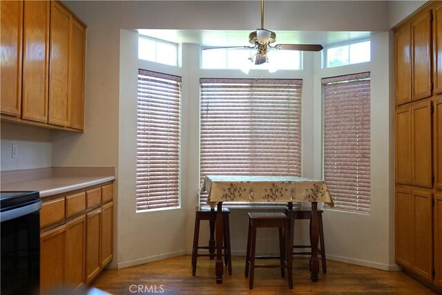 2068 Spy Glass Ct, Merced, CA 95340 - kitchen with a ceiling fan, range with electric cooktop, wood finished floors, and light countertops