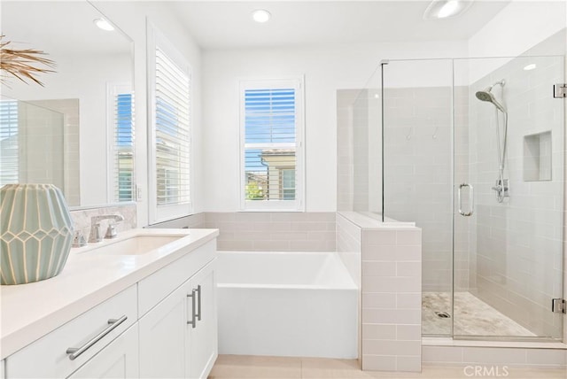 28 Fosco St, Rancho Mission Viejo, CA 92694 - bathroom with vanity, a bath, a shower stall, and recessed lighting