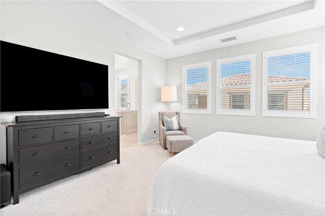 28 Fosco St, Rancho Mission Viejo, CA 92694 - bedroom featuring light colored carpet, baseboards, ensuite bath, a tray ceiling, and recessed lighting