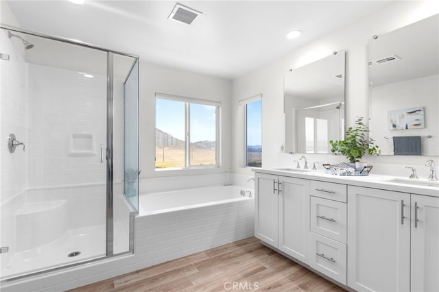 30893 Telegraph Dr, Winchester, CA 92596 - bathroom with double vanity, a shower stall, a bath, wood finished floors, and recessed lighting