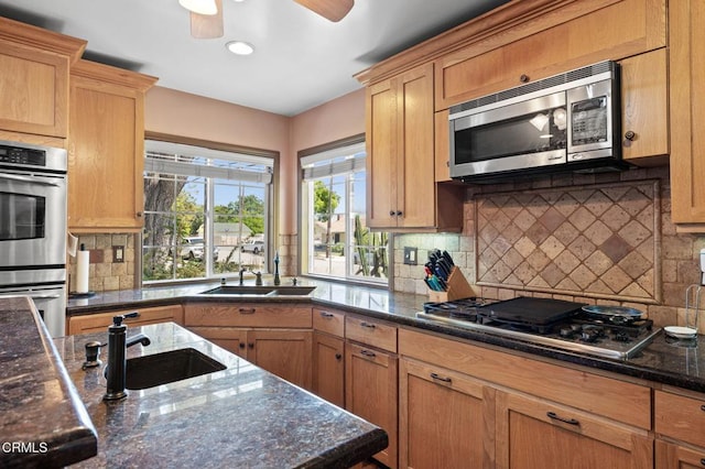 339 2nd St, Fillmore, CA 93015 - kitchen featuring stainless steel appliances, a sink, a ceiling fan, backsplash, and recessed lighting