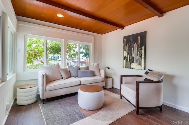418 Dewey St, San Diego, CA 92113 - living area featuring wood ceiling with exposed beams, wood finished floors, and recessed lighting