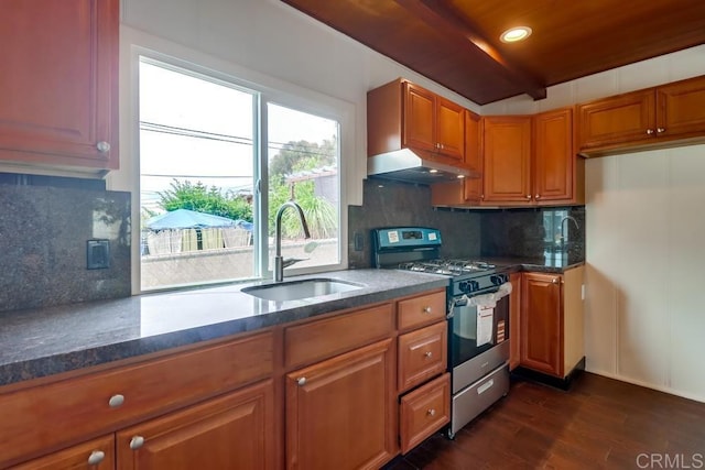 418 Dewey St, San Diego, CA 92113 - kitchen with stainless steel gas stove, under cabinet range hood, a sink, dark wood-style floors, and brown cabinetry