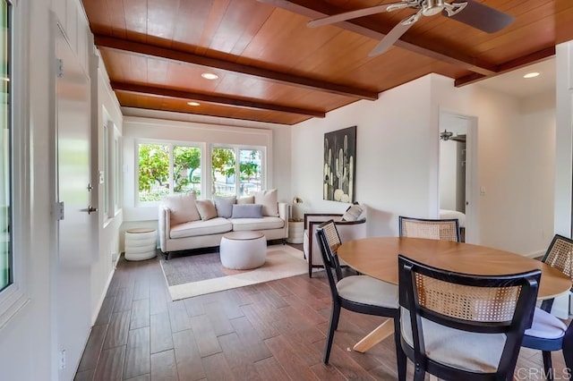 418 Dewey St, San Diego, CA 92113 - dining room with wood ceiling with exposed beams, ceiling fan, dark wood-type flooring, and recessed lighting