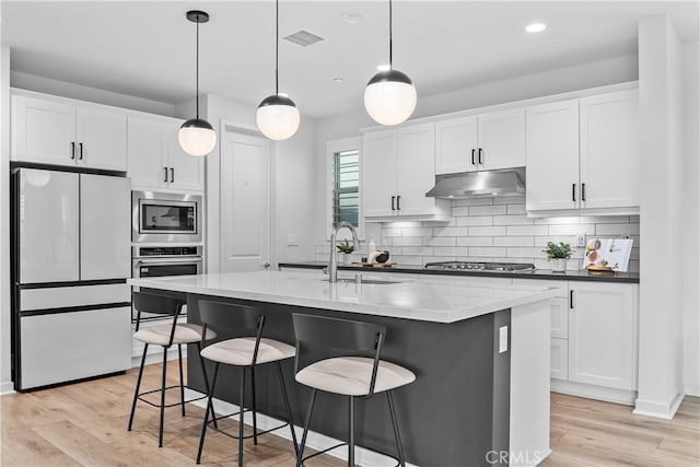 40 Jarano St, Rancho Mission Viejo, CA 92694 - kitchen featuring appliances with stainless steel finishes, a sink, under cabinet range hood, white cabinetry, and decorative backsplash