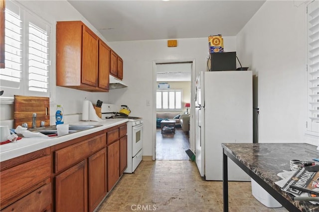 14508 Kingsdale Ave, Lawndale, CA 90260 - kitchen featuring white appliances, a sink, under cabinet range hood, and brown cabinetry