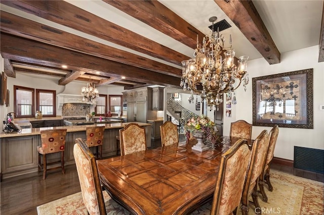 2 60th Pl, Long Beach, CA 90803 - dining space featuring a chandelier, wood finished floors, and beamed ceiling