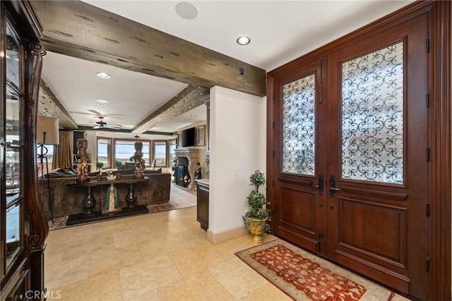 2 60th Pl, Long Beach, CA 90803 - entrance foyer featuring french doors, a ceiling fan, beam ceiling, baseboards, and recessed lighting