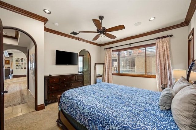 2 60th Pl, Long Beach, CA 90803 - bedroom with arched walkways, light carpet, baseboards, crown molding, and recessed lighting