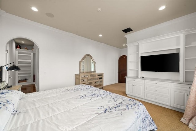 2 60th Pl, Long Beach, CA 90803 - bedroom with arched walkways, light carpet, recessed lighting, and ornamental molding