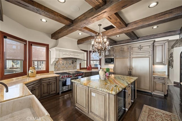 2 60th Pl, Long Beach, CA 90803 - kitchen featuring stainless steel appliances, a sink, dark wood-type flooring, light stone countertops, and beamed ceiling