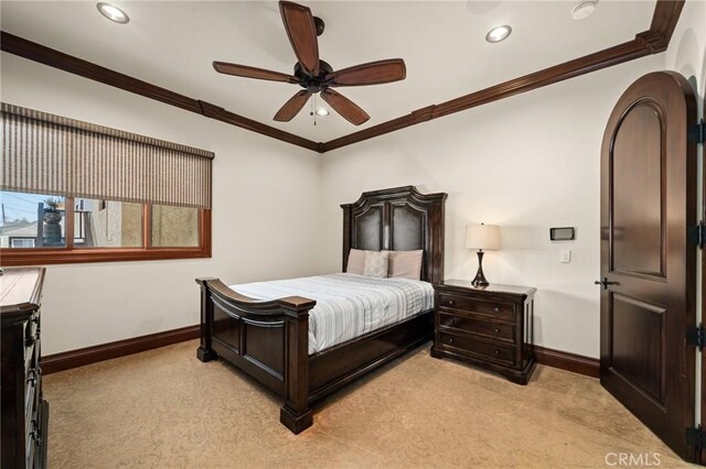 2 60th Pl, Long Beach, CA 90803 - bedroom featuring light carpet, baseboards, recessed lighting, ornamental molding, and a ceiling fan