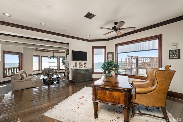 2 60th Pl, Long Beach, CA 90803 - living area featuring dark wood-type flooring, a ceiling fan, baseboards, ornamental molding, and a chandelier