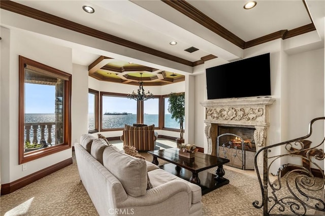 2 60th Pl, Long Beach, CA 90803 - carpeted living room featuring baseboards, ornamental molding, recessed lighting, a chandelier, and coffered ceiling