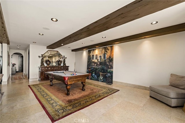 2 60th Pl, Long Beach, CA 90803 - playroom featuring arched walkways, recessed lighting, pool table, beam ceiling, and baseboards