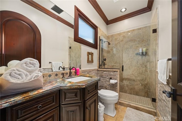 2 60th Pl, Long Beach, CA 90803 - full bathroom with crown molding, toilet, vanity, a stall shower, and tile walls
