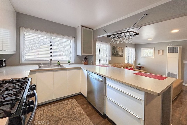 670 Marin Rd, Big Bear Lake, CA 92315 - kitchen featuring stainless steel dishwasher, a sink, a peninsula, a heating unit, and dark wood-style floors