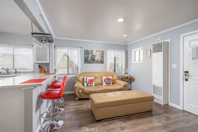 670 Marin Rd, Big Bear Lake, CA 92315 - living room with a heating unit, wood finished floors, plenty of natural light, ornamental molding, and recessed lighting