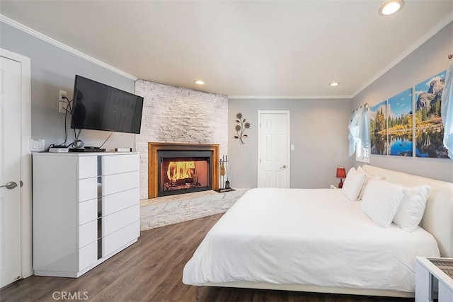 670 Marin Rd, Big Bear Lake, CA 92315 - bedroom with crown molding, wood finished floors, recessed lighting, and a fireplace