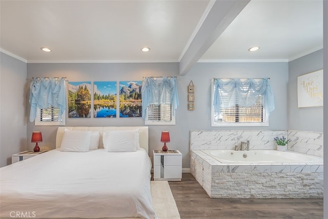 670 Marin Rd, Big Bear Lake, CA 92315 - bedroom with wood finished floors, multiple windows, recessed lighting, and crown molding