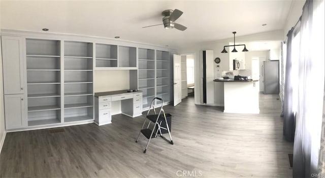3512 Palm Ave, Manhattan Beach, CA 90266 - unfurnished living room with dark wood-type flooring, healthy amount of natural light, ceiling fan, and an office area