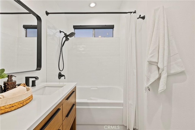 27834 Lassen St, Castaic, CA 91384 - bathroom with vanity, shower / bathtub combination with curtain, and recessed lighting