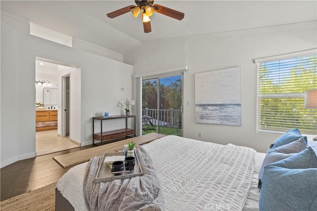 27834 Lassen St, Castaic, CA 91384 - bedroom with access to outside, wood-type flooring, lofted ceiling, ensuite bathroom, and ceiling fan