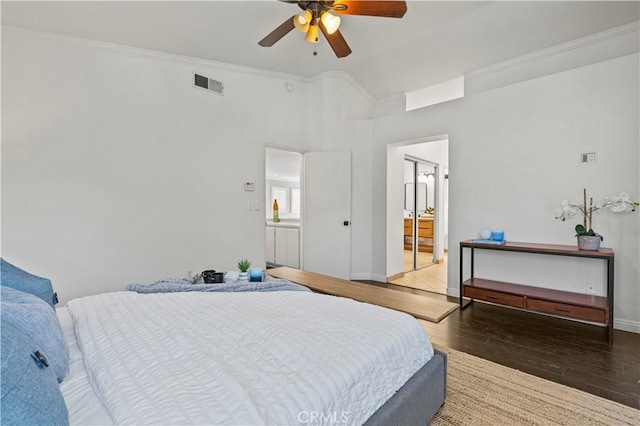 27834 Lassen St, Castaic, CA 91384 - bedroom featuring crown molding, light wood-style floors, lofted ceiling, connected bathroom, and ceiling fan