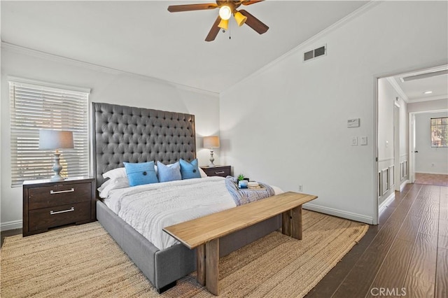 27834 Lassen St, Castaic, CA 91384 - bedroom with ornamental molding, vaulted ceiling, wood finished floors, and ceiling fan