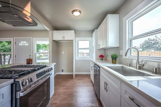 784 W 17th St, San Bernardino, CA 92405 - kitchen featuring appliances with stainless steel finishes, a sink, wall chimney exhaust hood, wood finished floors, and plenty of natural light
