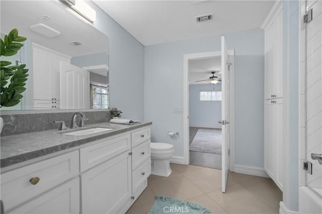 1641 Ford St, Redlands, CA 92373 - bathroom with vanity, toilet, ceiling fan, tile patterned floors, and baseboards