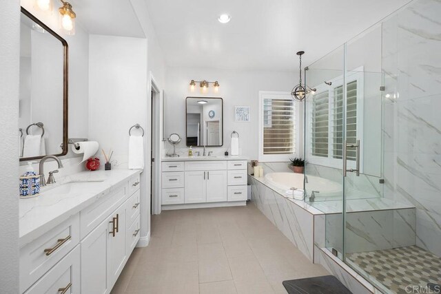 16231 Palomino Mesa Ct, San Diego, CA 92127 - bathroom featuring a bath, two vanities, and a marble finish shower