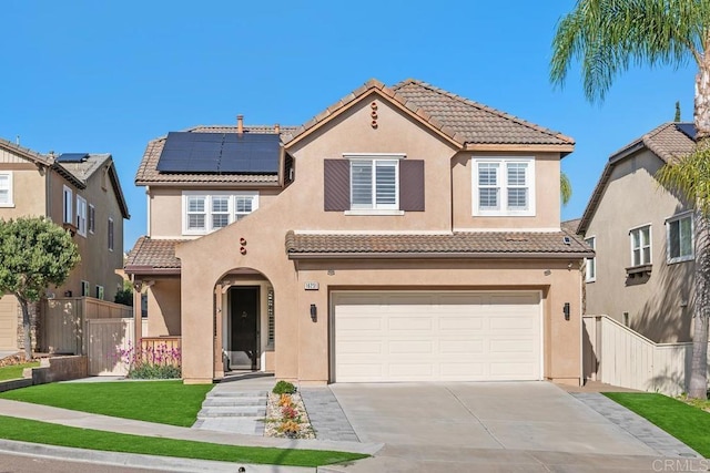 16231 Palomino Mesa Ct, San Diego, CA 92127 - mediterranean / spanish home with a tile roof, a garage, concrete driveway, stucco siding, and solar panels