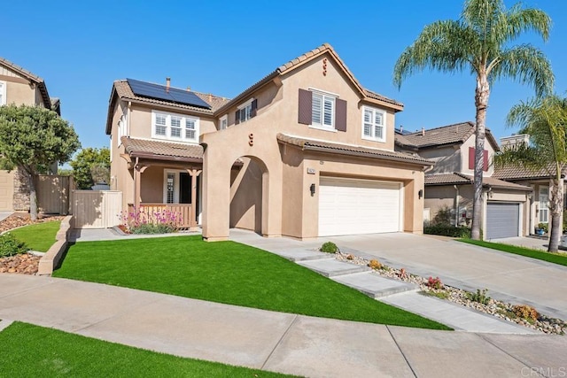16231 Palomino Mesa Ct, San Diego, CA 92127 - mediterranean / spanish house featuring roof mounted solar panels, a porch, a tiled roof, stucco siding, and driveway