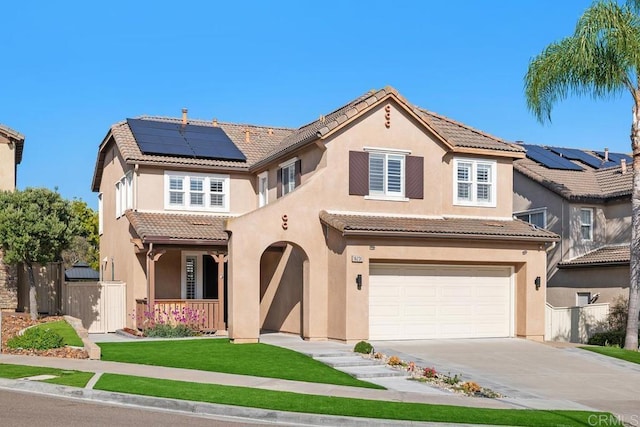 16231 Palomino Mesa Ct, San Diego, CA 92127 - mediterranean / spanish-style home featuring a porch, roof mounted solar panels, a tile roof, and stucco siding