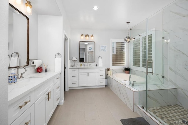 16231 Palomino Mesa Ct, San Diego, CA 92127 - bathroom featuring a bath, two vanities, and a marble finish shower