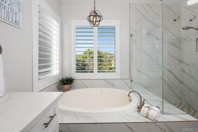 16231 Palomino Mesa Ct, San Diego, CA 92127 - full bathroom featuring a garden tub, a marble finish shower, and vanity