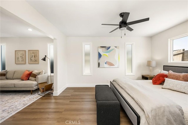 9802 Effingham Dr, Huntington Beach, CA 92646 - bedroom featuring wood finished floors, recessed lighting, baseboards, and a ceiling fan