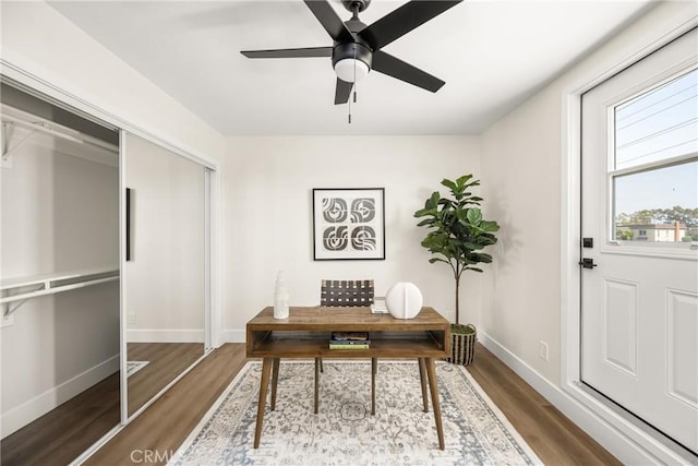 9802 Effingham Dr, Huntington Beach, CA 92646 - office area featuring wood finished floors, baseboards, and ceiling fan