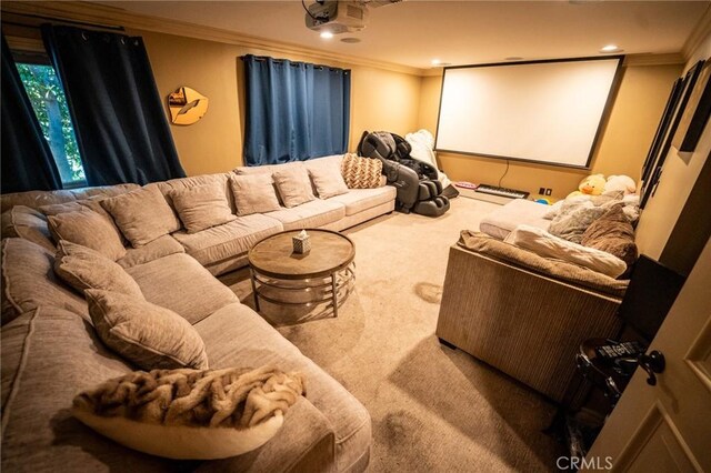 19162 Liggett St, Northridge, CA 91324 - home theater room with carpet flooring, crown molding, and recessed lighting