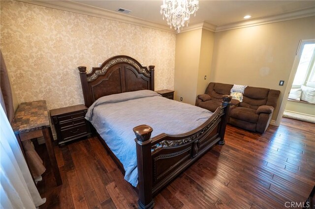 19162 Liggett St, Northridge, CA 91324 - bedroom with dark wood-style flooring, ornamental molding, baseboards, a chandelier, and recessed lighting