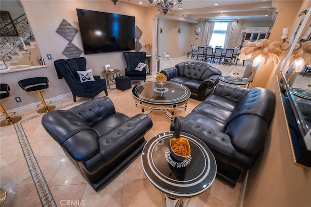 19162 Liggett St, Northridge, CA 91324 - living room featuring a chandelier, baseboards, tile patterned floors, and stairs