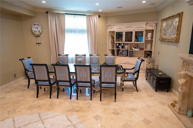 19162 Liggett St, Northridge, CA 91324 - dining space featuring stone tile flooring, ornamental molding, recessed lighting, and baseboards