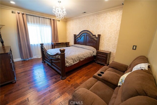 19162 Liggett St, Northridge, CA 91324 - bedroom featuring crown molding, hardwood / wood-style floors, a chandelier, and baseboards