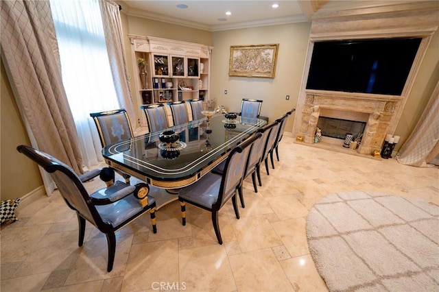 19162 Liggett St, Northridge, CA 91324 - dining room featuring recessed lighting, crown molding, a premium fireplace, and baseboards