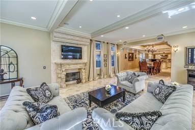 19162 Liggett St, Northridge, CA 91324 - living room featuring crown molding, a high end fireplace, a chandelier, recessed lighting, and beamed ceiling